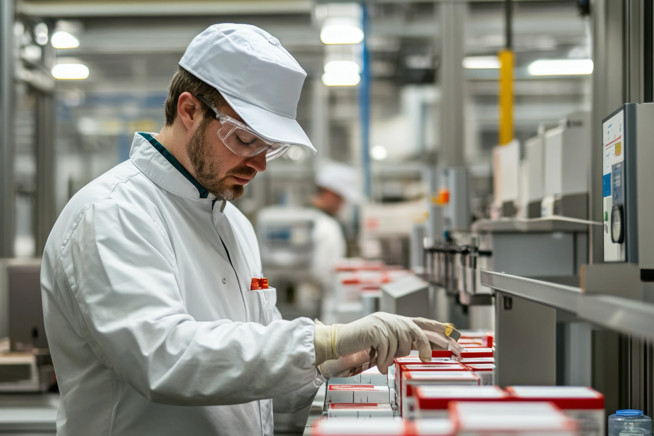 Técnico realizando control de calidad en línea de producción farmacéutica